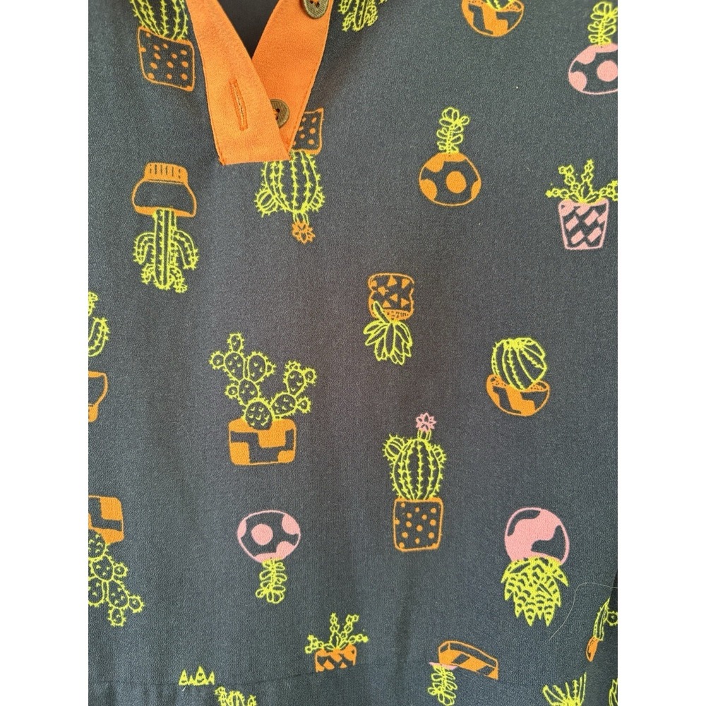 Mod Cloth Cactus Print Dress 1x Plus Size Navy Fit Flare  Retro Pockets EUC